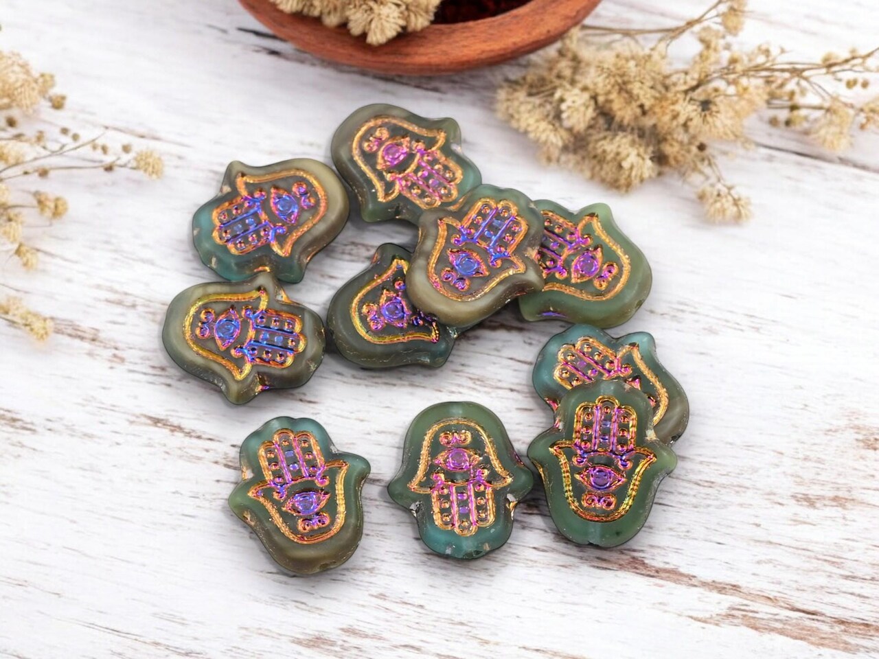 *10* 15x10mm Metallic Volcano Washed Matte Blended Mossy Beige Hamsa Hand Beads